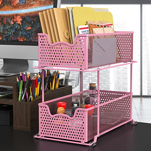 2 Tier Sliding Cabinet Basket Organizer Drawer (Pink / 1-Pack)