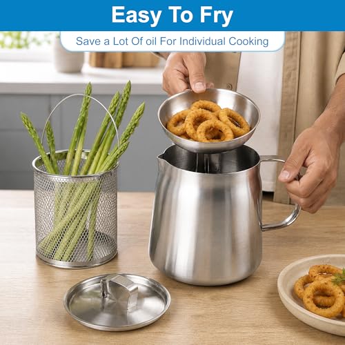 68oz Stainless Steel Oil Filter Pot with Deep Fryer Basket & Oil Strainer (2.1 quarts)