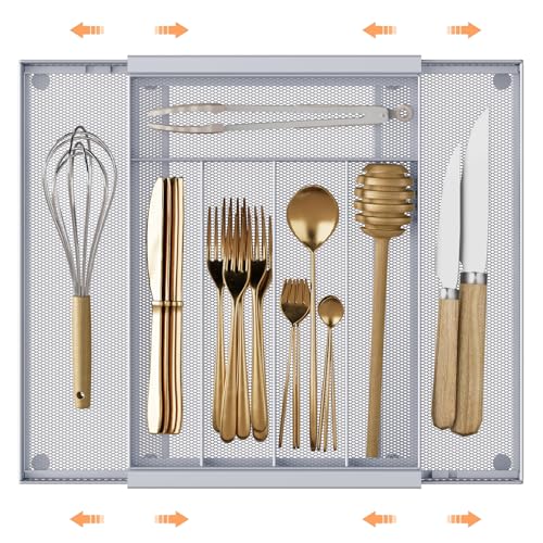 Silverware Organizer Metal Mesh (Silver / Expandable 9.6"~16.1" x 13.8")
