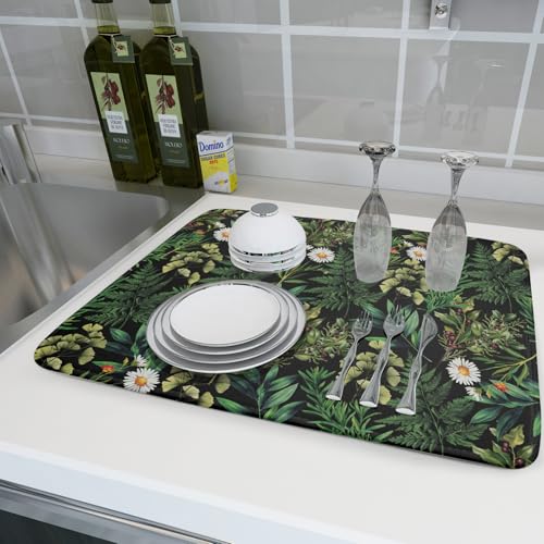Green Botanical Dish Drying Mat 18x24 Inch Plant Leaf Fast Dry Dish Drainer Rack Mats Absorbent Microfiber Protector for Countertops Sinks (Green Botanical / 24" x 18")