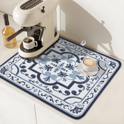 Navy Flower Dish Drying Mat Modern Boho Microfiber Dishes Drainer Pad 16x18 Inch Absorbent Fast Dry Dish Rack Mat for Kitchen Counter Sink (Boho Navy Floral / 16x18 inch)
