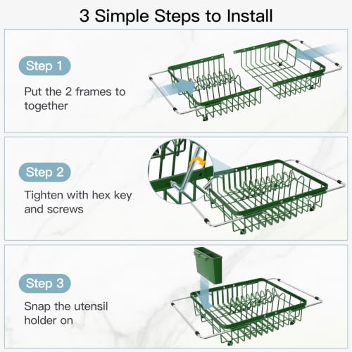 Green Dish Drying Rack Over the Sink with Utensil Holder (Green / For 12.5"-30"w Sink, Expandable)