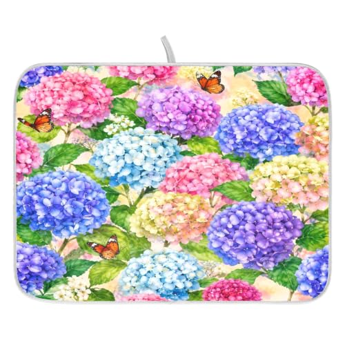 Hydrangea Flowers with Butterfly Dish Drying Mat for Kitchen Counter Absorbent Microfiber Large Drying Pad Dish mats for Kitchen Countertops 18 x 24 Inch (Spring Hydrangea Flowers / 24" x 18")