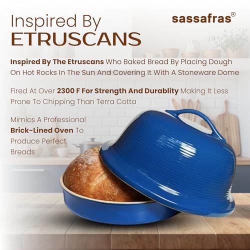 Superstone® Stoneware La Cloche® Bread Baker with Blue Glazed Exterior and Unglazed Interior Bakes an Artisan Bread with Crusty Crust and a Light Crumb (Blue)