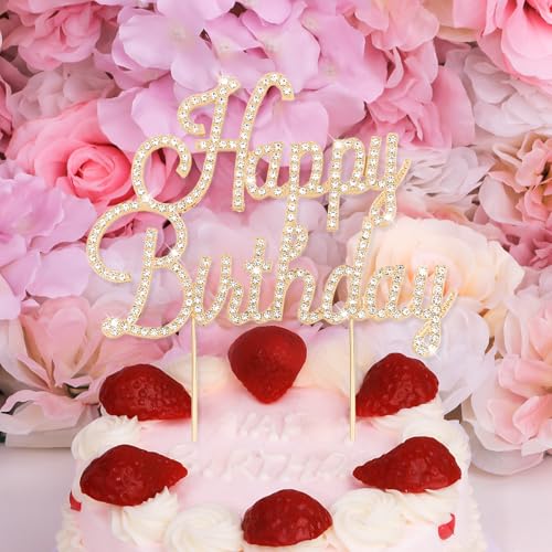 Gold Happy Birthday Cake Topper Rhinestones Cake Decorations for Birthday Party (Happy Birthday- Gold)