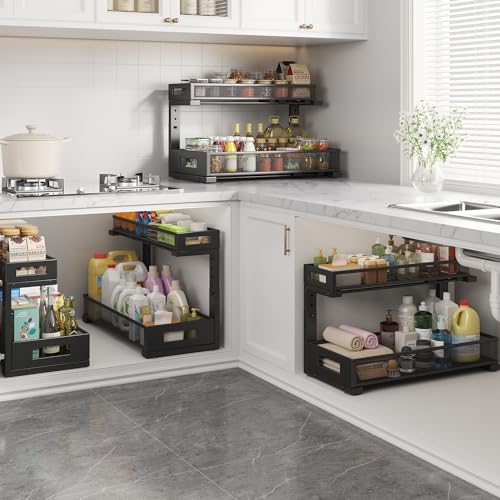 2 Pack 19IN Depth Under Sink Storage Organizer (Black / 2 Pack-19"Dx11.4"-16.14"H)