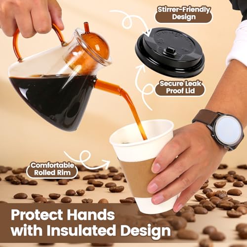 12 oz Disposable Paper Coffee Cups with Lids & Sleeves