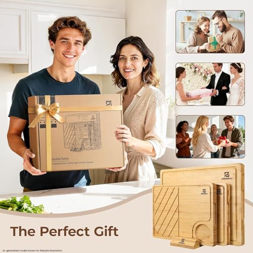 Bamboo Cutting Boards Set of 4 for Kitchen with Wood Storage Stand (Natural Bamboo Color)