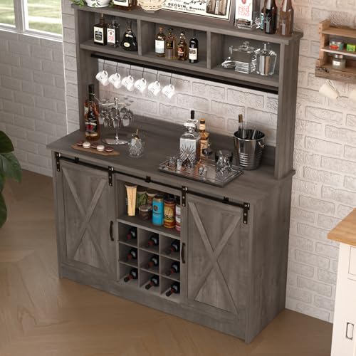 47" Farmhouse Coffee Bar with Storage Hutch & Wine Rack (48Inch / Grey)