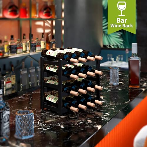 Bamboo Wine Rack Wine Storage Cabinet Shelf 16 Bottle Wine Racks Countertop Sturdy for Kitchen Dining Room Pantry (Black / 4 Tier)
