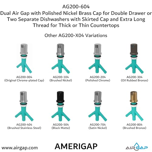 Dual Air Gap with Polished Nickel Brass Cap for Double Drawer or Two Separate Dishwashers with Skirted Cap and Extra Long Thread for Thick or Thin Countertops (AG200-604)