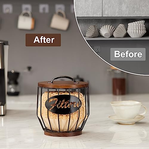 Metal Coffee Filter Storage Holder with Wooden Lid for 8