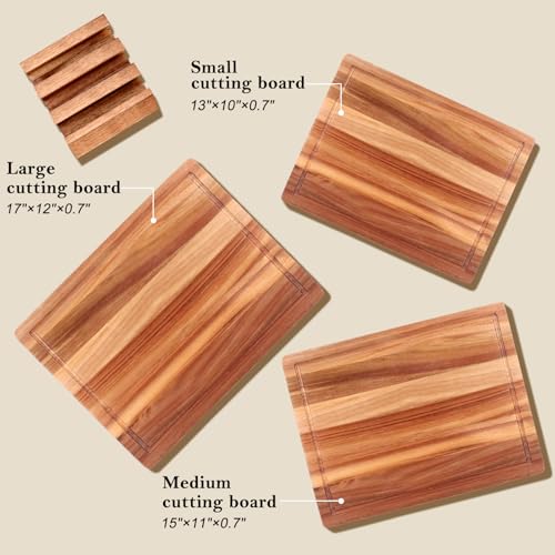 Extra Large Acacia Wood Cutting Board Set of 3 Wooden Chopping Board With Holder Fruit Cutting Boards Charcuterie Boards for Kitchen Bread Cheese Serving Board Meat Cutting Board Carving Board (Acacia Wood / 3-Piece Set: 17" x 12", 15" x 11", 13" x 10")
