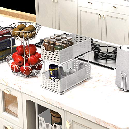 2 Tier Sliding Cabinet Basket Organizer Drawer (White / 1-Pack)