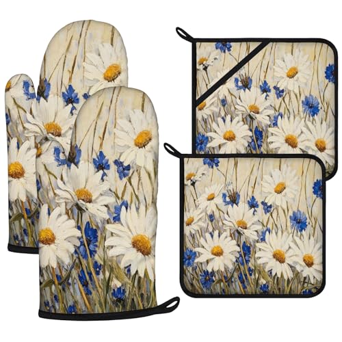 Daisy Flowers Oven Mitts and Pot Holders Sets 4Pcs (Daisy Flowers)