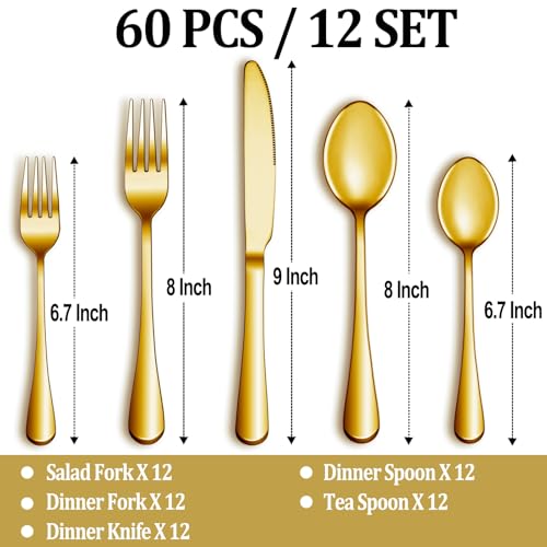 60 Pcs Gold Silverware Set Service for 12 (Gold)
