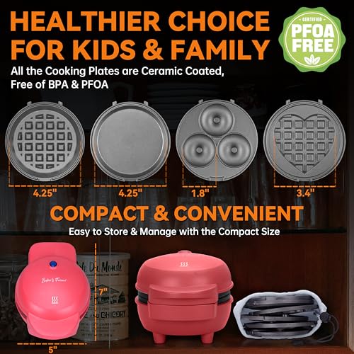 4 in 1 Mini Waffle Maker with Removable Plates (Red)