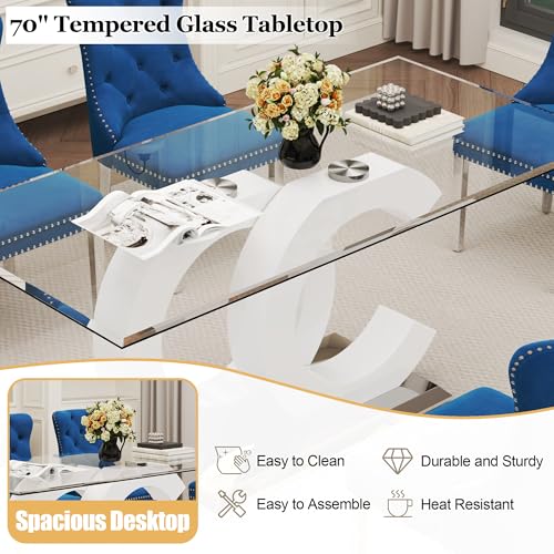 7 Piece Glass Dining Table Set for 6 (White Table & Silver Blue Chair / 7-Piece Set-OC-Shaped Table)