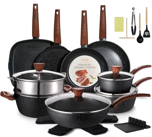 26Pcs Pots and Pans Nonstick Ceramic Cookware Set Nontoxic Kitchen Cooking Set with Steamers Utensils Induction Compatible (Black)