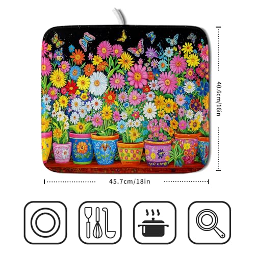 Colorful Floral Dish Drying Mat 16 X 18 Black Spring Flowers Absorbent Microfiber Kitchen Decor Counter Mats (Vintage Flowers Colorful / 18" x 16")
