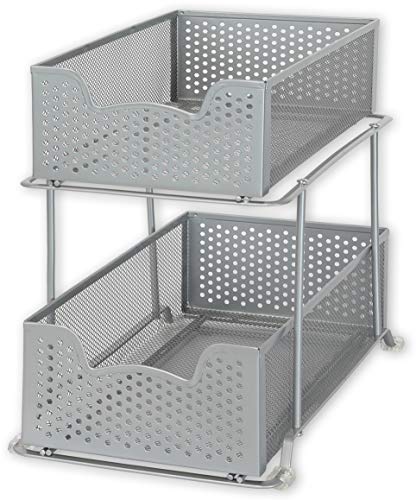 2 Tier Sliding Cabinet Basket Organizer Drawer (Silver / 1-Pack)