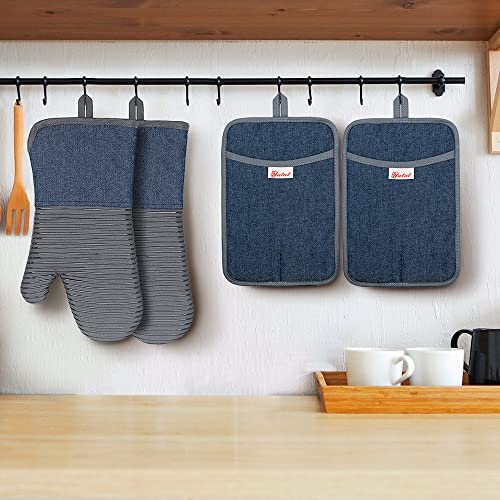 Oven Mitts Pot Holders Set of 4 Made with Pure Cotton and Food Grade Non (4PCS‑13"L x 6"W/Grey‑Denim Striped Surface)