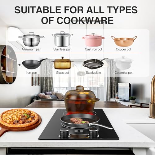 110v Electric Cooktop 2 Burners 12'' Electric Stove Top Knob Control (Black 2 Burner)