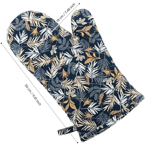 Oven Mitt Extra Long Cotton Cooking Kitchen Mitts with Non (Blue Leaves - Oven Gloves)