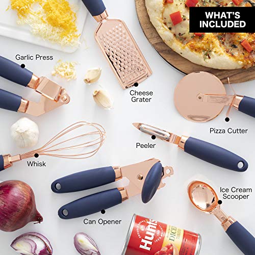 Kitchen Gadget Set Copper Plated Stainless Steel Utensils with Soft Touch Handles (7 Pieces / Copper Navy)