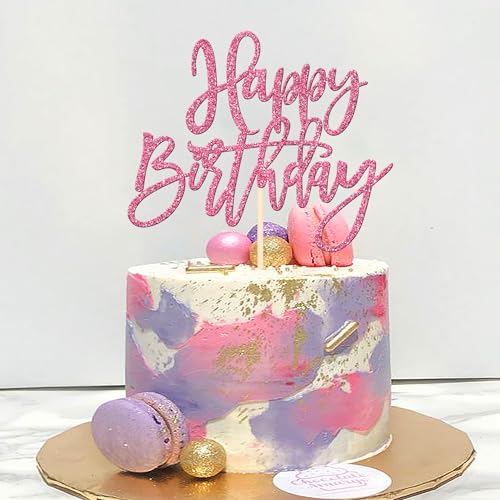 1 PCS Happy Birthday Cake Topper Glitter Happy Birthday Cake Pick for Celebrating Happy Birthday Anniversary Theme Party Cake Decorations Supplies Pink