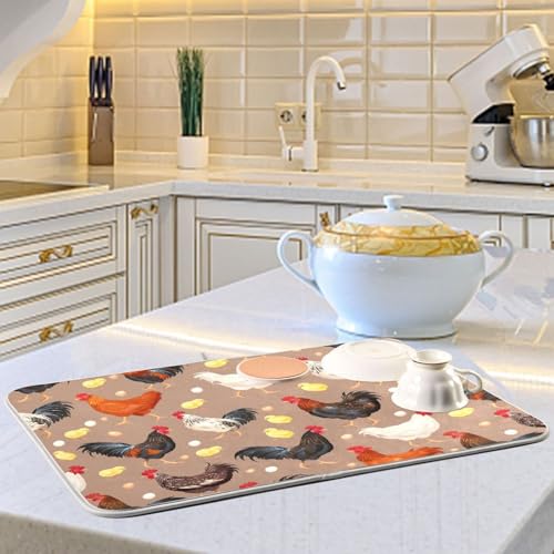 Colorful Hens Roosters Dish Drying Mat for Kitchen Counter Absorbent Microfiber Drying Pad (18" x 24")