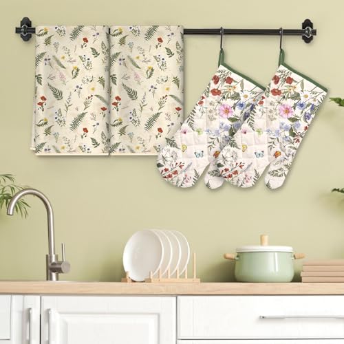 Rustic Flower Kitchen Towels and Oven Mitts Set 4Pcs (Flower)
