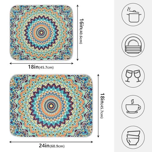Bohemian Mandala Dish Drying Mat for Kitchen Counter Absorbent Microfiber Large Boho Ethnic Drying Pad Dish Mats for Kitchen Countertops 18 x 24 Inch (24" x 18")