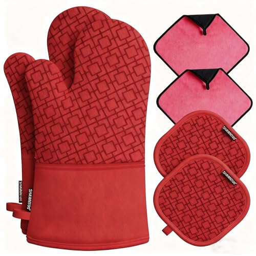 Oven Mitts and Pot Holders Sets 6pcs (Coral Red)