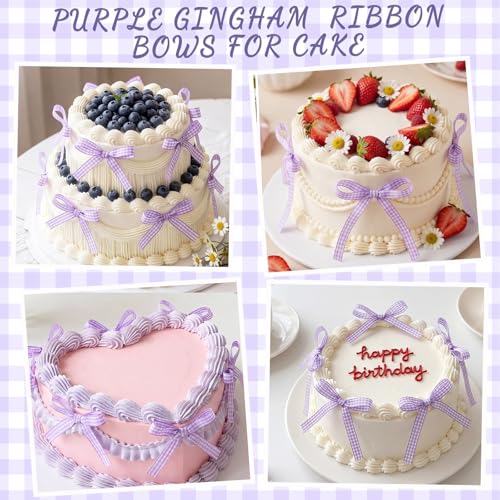 30 Pack Bow Cake Toppers Purple Gingham Ribbon Bows for Cake (Purple Gingham)