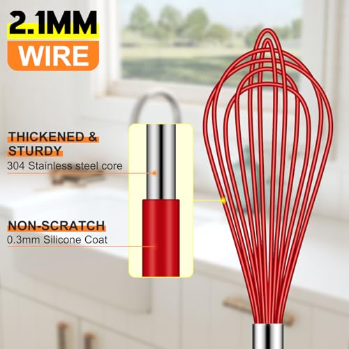 4 Pieces Silicone Whisks Set (Red,Silver)
