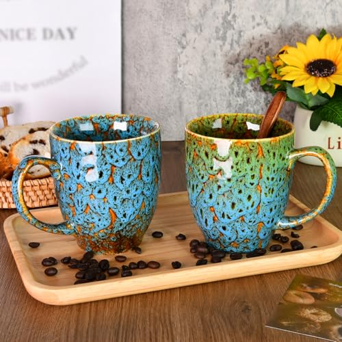 16 oz Ceramic Coffee Mugs Set of 2 (Green & Blue, Blue)