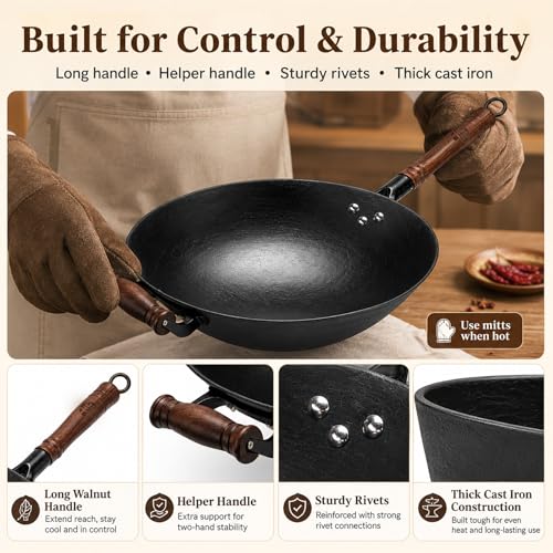 12.6 Inch Round Bottom Cast Iron Wok with Glass Lid (12.6 Inch Round Bottom)