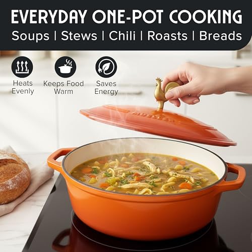 MUELLER HOME 5.5 Quart Enameled Cast Iron Oval Dutch Oven w Rooster Knob & Cotton Potholders (5.5 Quart -Oval / Orange)