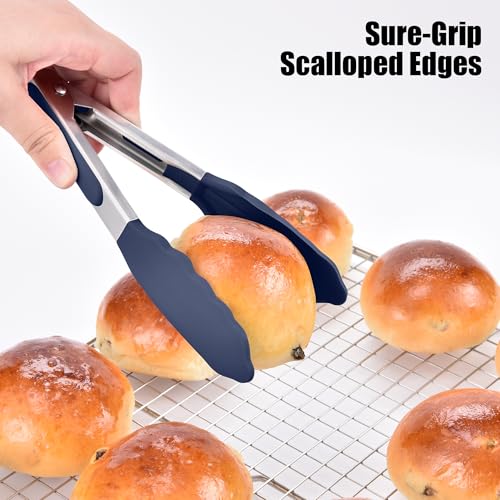 Kitchen Tongs with Silicone Tips for Cooking Serving (7in / Navy Blue)