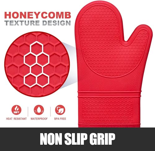 Silicone Oven Mitts and Pot Holders Sets (Red)
