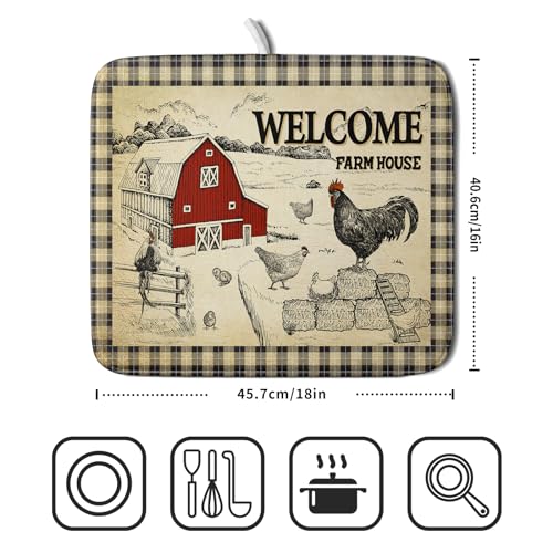 Farmhouse Rooster Dish Drying Mat 16x18 Inch Country Chicken Absorbent Dish Drainer Mat Reversible Countertops Protector Pad Kitchen Accessories (Farmhouse Rooster / 16" x 18")