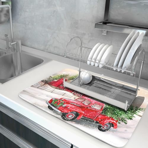 Red Truck Dish Drying Mat Xmas Tree Dish Drainer Rack Mat Winter Microfiber Absorbent Drying Pad for Home Kitchen Counter Decor 18x24 Inch (Xmas Red Truck / 18" x 24")