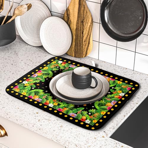 Tropical Flamingo Dish Drying Mat Palm Leaves Absorbent Dishes Drainer Pad Microfiber Dish Rack Mat for Kitchen Countertop Decor 16x18 Inch (Flamingo Leaves / 16" x 18")