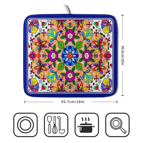Mexican Talavera Dish Drying Mat Navy Blue Microfiber Dish Drain Pad for Kitchen Decor (Mexican Talavera Blue / 18" x 16")
