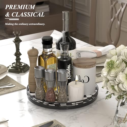 12 Inch Black and White Checkerboard Lazy Susan with Oak Wood Base (Black & White / 12 inches)