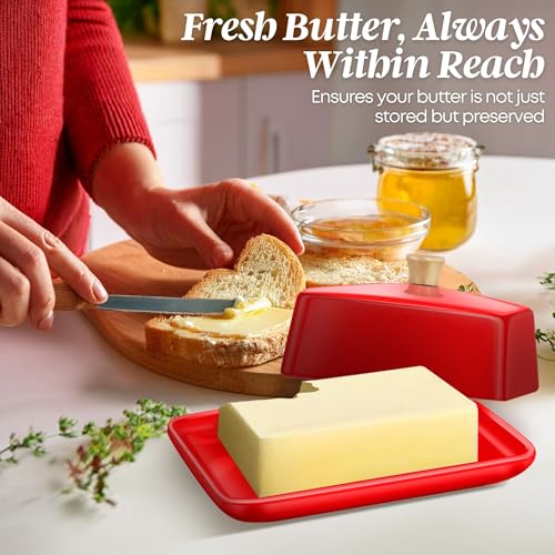 Large Ceramic Butter Dish with Lid for Countertop (Red / Large)