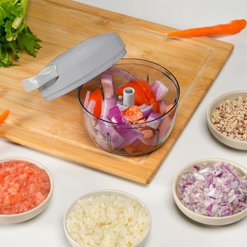 Manual Food Processor Vegetable Chopper 2.3 Cup Small Mini Hand Pull String Onion Chopper Garlic Mincer Cutter with 3 Stainless Steel Blades (Grey - 2.3 Cup)