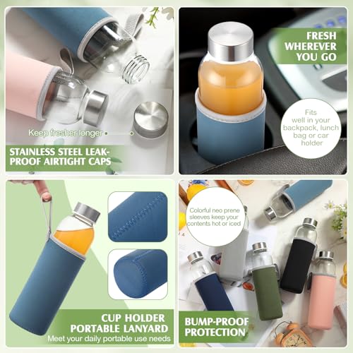 12 Pack Glass Water Bottles with Sleeves (Low profile / Colorful)