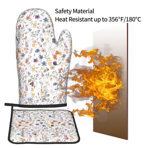 Watercolor Floral Oven Mitts and Pot Holder Kitchen Accessories Sets Botanical Leaf Heat Resistant Cooking Grilling Baking Gloves Hot Pads (Watercolor Floral)